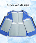 Cooling Vest For Men And Women With 24 Ice Packs, showing 6-pocket design against blue ice background.