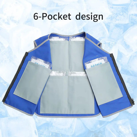 Cooling Vest For Men And Women With 24 Ice Packs, showing 6-pocket design against blue ice background.