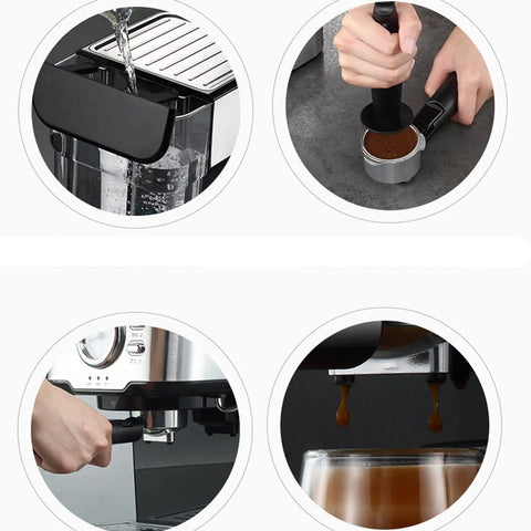 ROCK SOLID SEMI AUTOMATIC ESPRESSO MAKER BOASTS 20 BAR PRESSURE EXTRACTION AND A BUILDER GRADE STEEL STEAM WAND FOR HELLA RICH MILK FOAM PLUS INTUITIVE TEMPERATURE CONTROL AND 1050 WATT SILVER BUILD, showing water filling, tamper, and brewing.