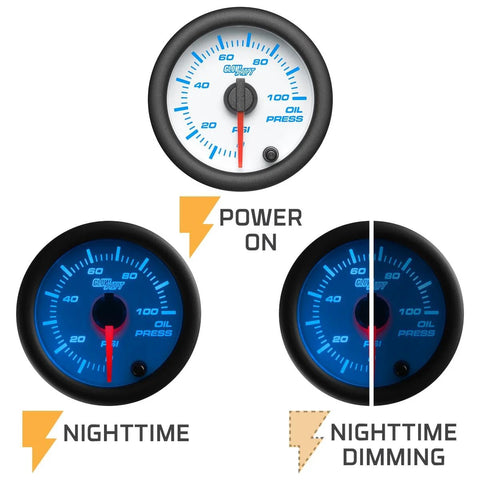 GlowShift oil pressure gauge kit, 2-1/16 in (52mm), white dial with multi-color display, 100 PSI, sensor included, set of 3