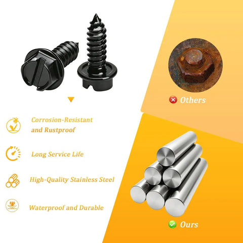 Gear Up Your Ride Smoothly With These Hella Tough Slotted Stainless Steel License Plate Screws In Fresh Black Finish Eight Piece Set For Rust Resistance And Super Secure Auto Mounting, showcasing black screws and stainless steel cylinders.