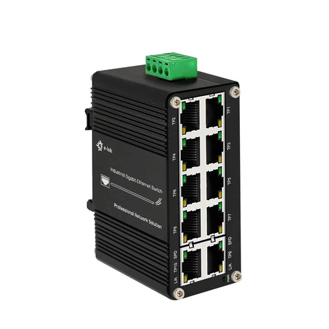 Unmanaged 10 Port Gigabit Ethernet Switch built tough for outdoor DIN rail mount, 12-48V DC input, with 10 RJ45 ports, weatherproof.