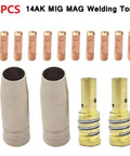 MIG MAG Welding Torch Consumables Kit 14 Piece 14AK Compatible Gas Nozzle Contact Tips Nozzle Holder