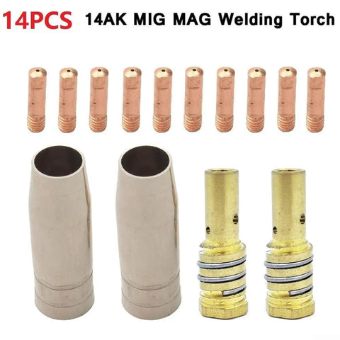 MIG MAG Welding Torch Consumables Kit 14 Piece 14AK Compatible Gas Nozzle Contact Tips Nozzle Holder