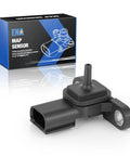 Front view of ENA MAP sensor, black plastic automotive sensor with vacuum port and mounting hole; box visible behind.