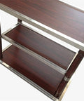 Slick Rolling Three Tier Serving Cart With Deep Storage, Industrial Bar And Wine Trolley On Smooth Glide Casters, Sturdy Wood And Metal Drinks Rack, close-up of wooden tiers.
