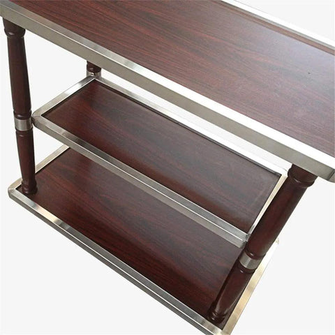 Slick Rolling Three Tier Serving Cart With Deep Storage, Industrial Bar And Wine Trolley On Smooth Glide Casters, Sturdy Wood And Metal Drinks Rack, close-up of wooden tiers.