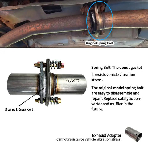 Universal 2 Inch Exhaust Flex Pipe Repair Kit With Spring Joint Flange Coupler Bolts To Stop That Rattle Auto Shop Grade showing original spring bolt and gasket.