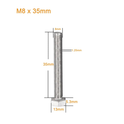 Heavy Duty M8 X 35Mm Hex Bolts Kit With Matching Nuts Flat Washers And Spring Lock Hardware In Rock Solid 304 Stainless Steel, detailed dimensions
