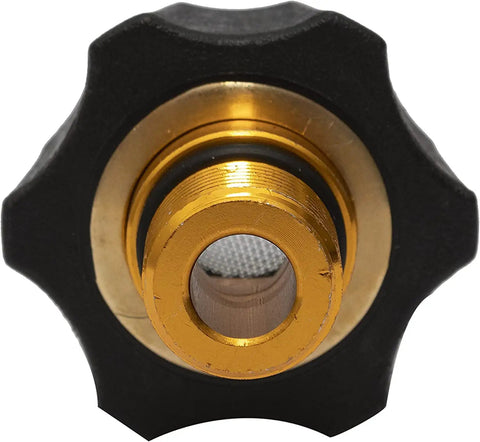 Close-up of brass water inlet fitting for pressure washer pumps, showing robust construction for leak-free performance.
