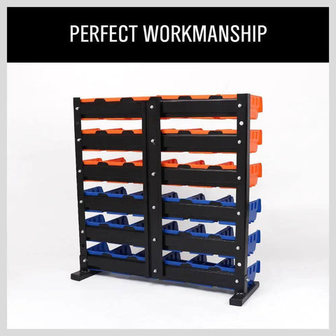Wall Mounted 36 Bin Storage Rack for Garage and Workshop Heavy Duty Plastic Bin Organizer Kit with Detachable Label Friendly Bins Easy Mounting Durable Tool Storage System for Home Shop and Man Cave