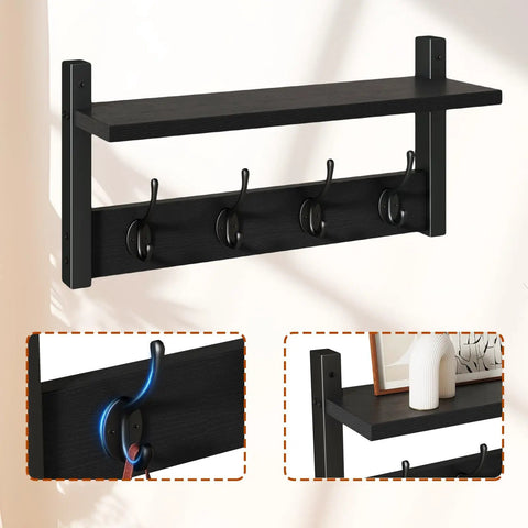 Coat Rack Shelf Wall Mount With 8 Hooks Set Of 2 Thirty One And A Half Inch Floating Shelf And Hat Rack Black Slick Entryway Organizer