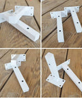 Legit White Shelf Brackets And T Shape Wall Mounts Solid Iron Floating Shelf Hardware Straight Up Easy Install on wooden surface.