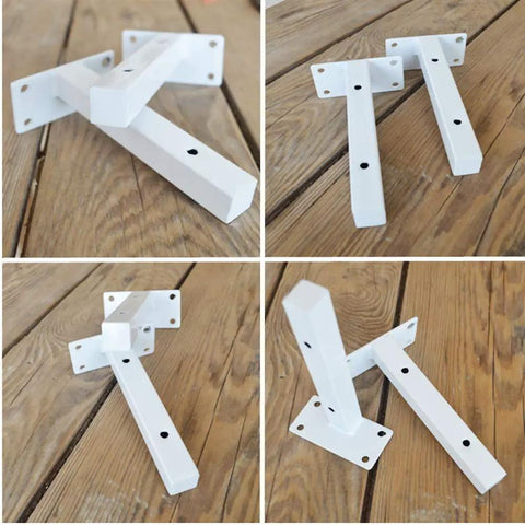 Legit White Shelf Brackets And T Shape Wall Mounts Solid Iron Floating Shelf Hardware Straight Up Easy Install on wooden surface.