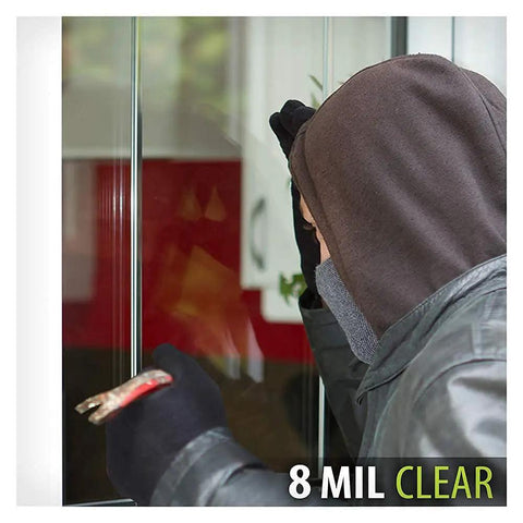 Intruder attempts break-in on glass with 8 Mil Clear Security Window Film for Home and Office, Shatter Resistance ANSI Z97.1 Class B.
