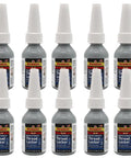 Blue Medium Strength Threadlocker 0.34 Oz Bottle Removable With Hand Tools Locks Metal Fasteners, set of 10 bottles displayed.