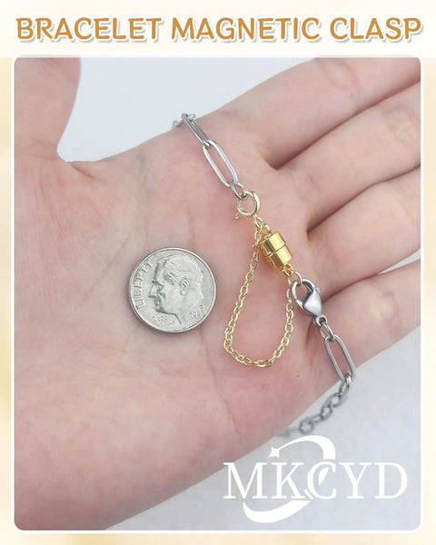 8 Piece Magnetic Bracelet Clasp Set With Safety Chain No Slip Gold And Silver Extender Converter Magnetic Clasps in hand with coin