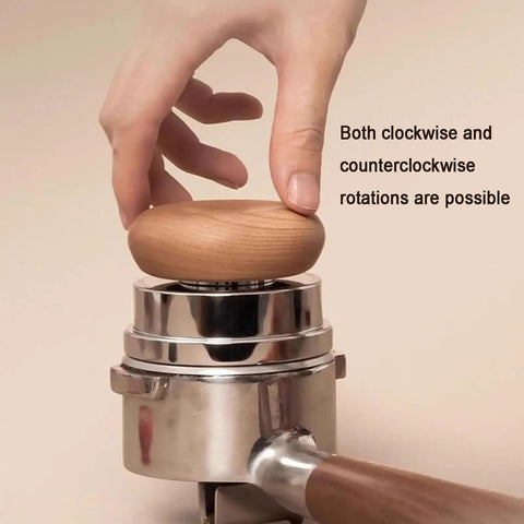 Big Time 58mm Espresso Accessories Kit Featuring Slick Stirrer Distribution Tool And Spring Loaded Distributor Leveler in use with wooden tamper.