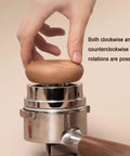 Premium 58mm Espresso Accessories Kit Featuring Spring Loaded Coffee Distributor And Magnetic Rotary Stirrer For Dead Set Puck Prep And Slick Barista Setup, hand adjusting wooden knob.