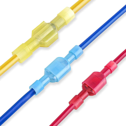 Three nylon insulated spade quick-disconnect connectors crimped to yellow, blue, and red wires.