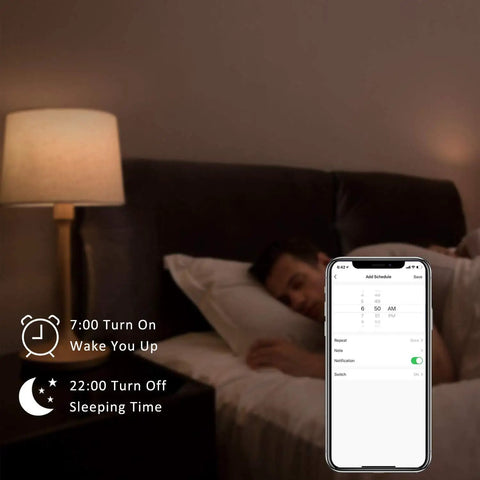 Smart WiFi RGB LED Light Bulb Color Changing Mood Lighting That Works With Alexa Google Home Siri No Hub Required E26 A19 60W Equivalent Multicolor Pack Of 4 shown next to a sleeping person with app control interface on a smartphone screen.