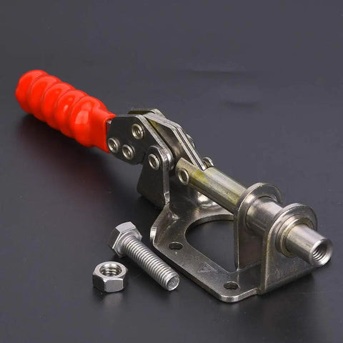 Professional Grade 304 Stainless Steel Toggle Clamp For Woodworking Quick Release Push Pull Hold Down Workbench Fixture Tool With Dead Solid 136 Kg Grip That Locks Real Tight, red handle, side view, includes nuts and bolts.