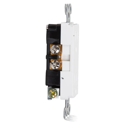 Side view of Tamper Resistant Duplex Receptacle White Wall Outlet 15 Amp Standard Decorative Electrical Outlet Contractor Pack