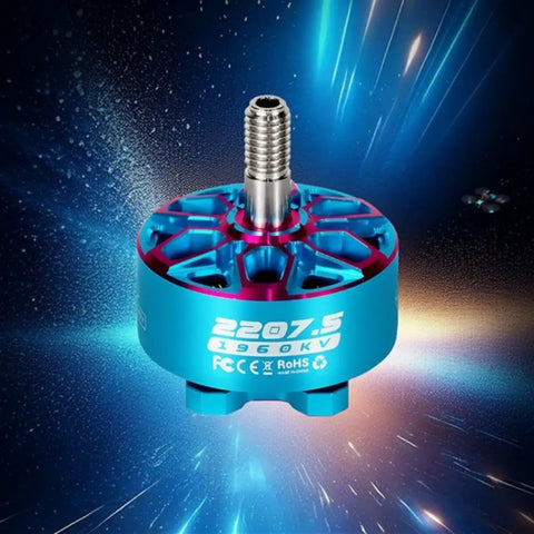 Beefed Up 2207.5 1860Kv Brushless Motor For 6S FPV Drone 5 Inch Props with blue casing against cosmic background