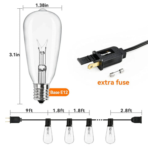 Outdoor String Lights 100 Ft Weatherproof Hanging Lights E12 base bulb, plug with extra fuse, cable measurement
