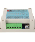 Front view of Programmable Logic Controller PLC Position Switch for 12V to 24V Systems with green terminals and USB port.