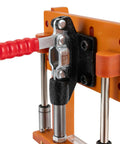 Close-up of PCBA Test Stand For DIY Projects With 3 Acrylic Boards And Bakelite Fixture arm lever mechanism, orange frame.