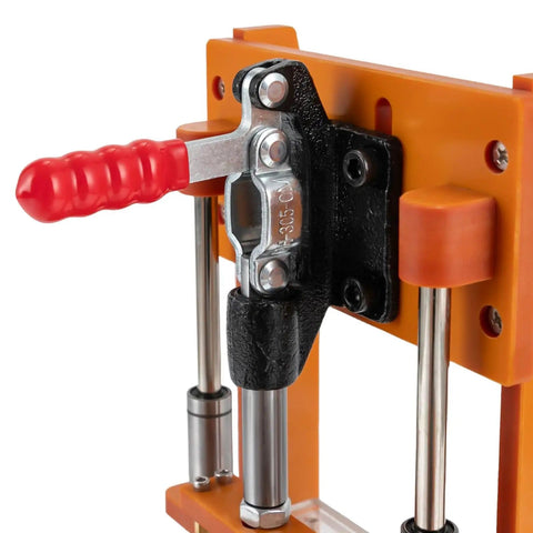 Close-up of PCBA Test Stand For DIY Projects With 3 Acrylic Boards And Bakelite Fixture arm lever mechanism, orange frame.