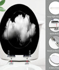Elongated Toilet Seat Black Resin Bathroom with cloud design, round shape, measuring 14.5" x 18.5", stainless steel hinge.