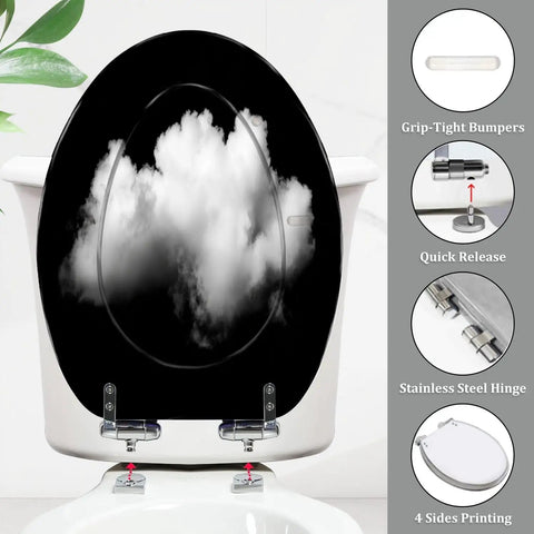Elongated Toilet Seat Black Resin Bathroom with cloud design, round shape, measuring 14.5" x 18.5", stainless steel hinge.