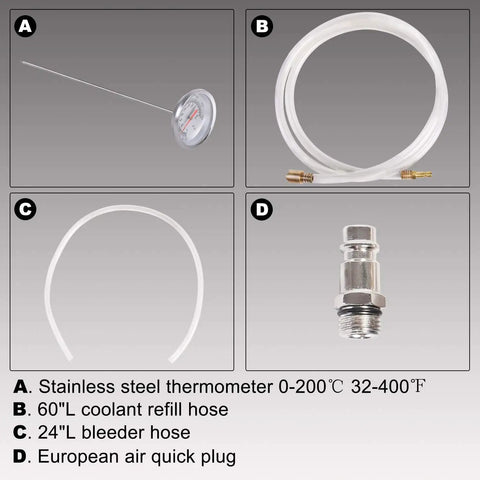 Built Tough 33 Piece Radiator Pressure Tester And Coolant Vacuum Refill Kit components, including hoses and thermometer.