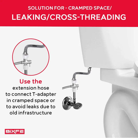 Image of a six inch hose extension for toilet bidet sprayer with 7/8 inch quick connect, showing connection to a T-adapter.