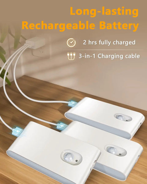 Three rechargeable motion sensor stair lights with RGB and warm white on a wooden surface, connected to a charging cable.