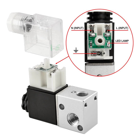 Electrical Pneumatic Solenoid Valve 3V1-06 with 24VDC coil, PT1/8 inch port, close-up view of input terminals and LED lamp