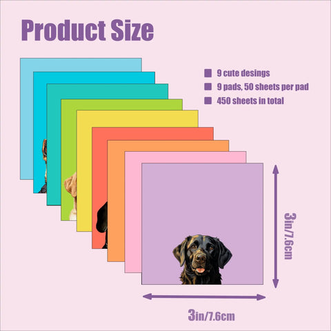 9 Pads Totally Cute Sticky Notes Set 3x3 Inch Dog Self Stick Notepads For Dog Lovers, size and colorful dog designs displayed.