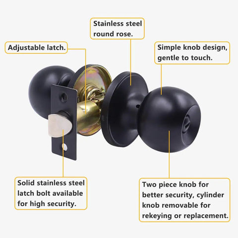 8 Pack Matte Black Privacy Door Knobs Interior Passage Round Lockset for Bedroom and Bathroom No Key Needed with Adjustable Latch Fits Common Backsets Easy Install Includes Screws and Instructions