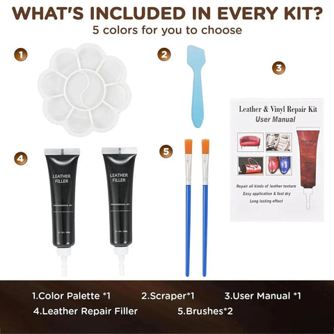 Black Leather And Vinyl Repair Kit For Car Interiors Home Furniture Couches And Kicks Easy No Fuss Quick Fix For Scratches Tears And Scuffs Gets Your Gear Straight Back To Life Fast, includes filler, brushes, scraper, and manual.