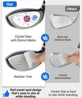 Comparison of Golf Impact Tape With Red Target Sweet Spot For Instant Swing Feedback and Self Teaching Practice Indoor And Outdoor Use 300 Count High Precision Swing Training Aid showing clarity and residue-free removal.