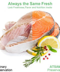 Salmon steak with lemon and herbs showcasing preservation benefits of 200 Pcs 6x10 Inch BPA Free Vacuum Sealer Bags Precut For All Vacuum Sealer Machines Keeps Food Fresh Three To Six Times Longer Prevents Freezer Burn Thaw Proof Air And Water Barrier For Meal Prep