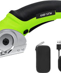 Powerful Cordless Electric Scissors For Heavy Duty Cardboard Cutting With Rechargeable Battery, green handle, rotary blade, USB charger.