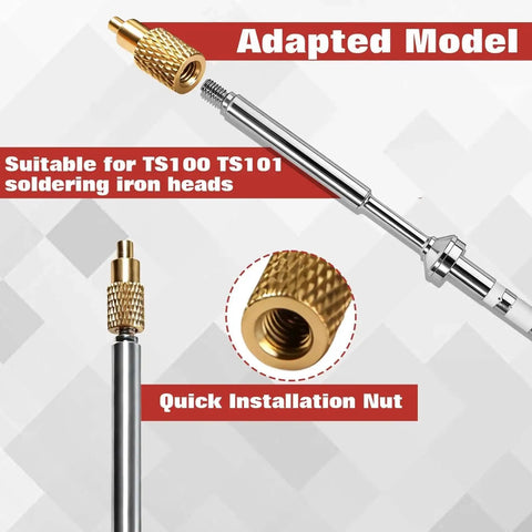 Pro Grade Heat Set Thread Insert Tool Kit for M2, M2.5, M3, M4, M5, M6, M8 with Soldering Tip and Adapter for Plastic 3D Printer Components TS100 TS101 Includes Durable Storage Case for Easy On-The-Go Use, showing brass thread insert and soldering tip.