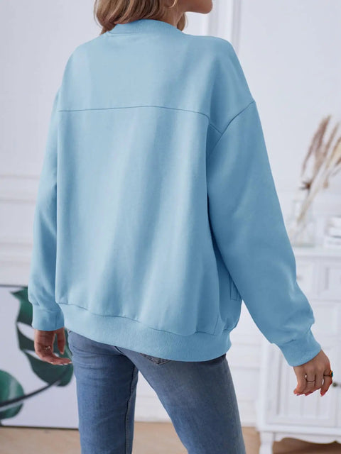 Back view of blue Trendy Long Sleeve Full Zip Sweatshirt Bomber Jackets For Teen Girls Blue Lightweight Soft And Stretchy Loose Fit Size Small