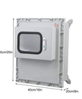 Outdoor explosion-proof junction box with viewing window, lockable door, mounting plate; cast aluminum housing, 40x50x20 cm.