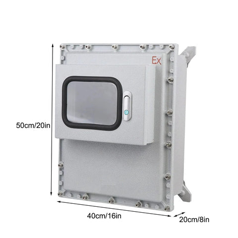 Outdoor explosion-proof junction box with viewing window, lockable door, mounting plate; cast aluminum housing, 40x50x20 cm.
