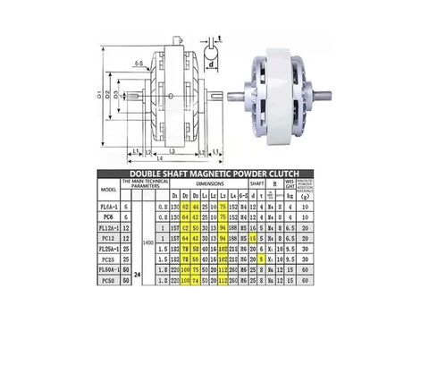 25Nm Twin Shaft Magnetic Particle Clutch Roll Up Type With Inflatable Shaft Magnetic Particle Brake For Heavy Duty High Tension Machines 0.6 To 40 KG Load Range Durable Smooth And Reliable Easy To Use Model FL25A 1 image with technical chart and dimensions.
