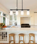 Farmhouse Four Light Pendant Island Light In Black Finish With Opal White Glass Shades For Kitchen Or Dining Room Modern Rustic Ceiling Fixture